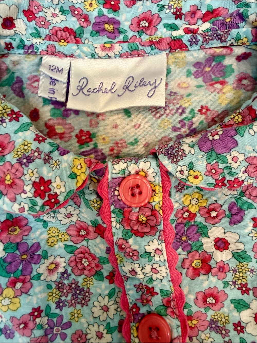 Rachel Riley 12M Floral Button Front Cotton Dress Pink Ric Rac - Picture 3 of 6